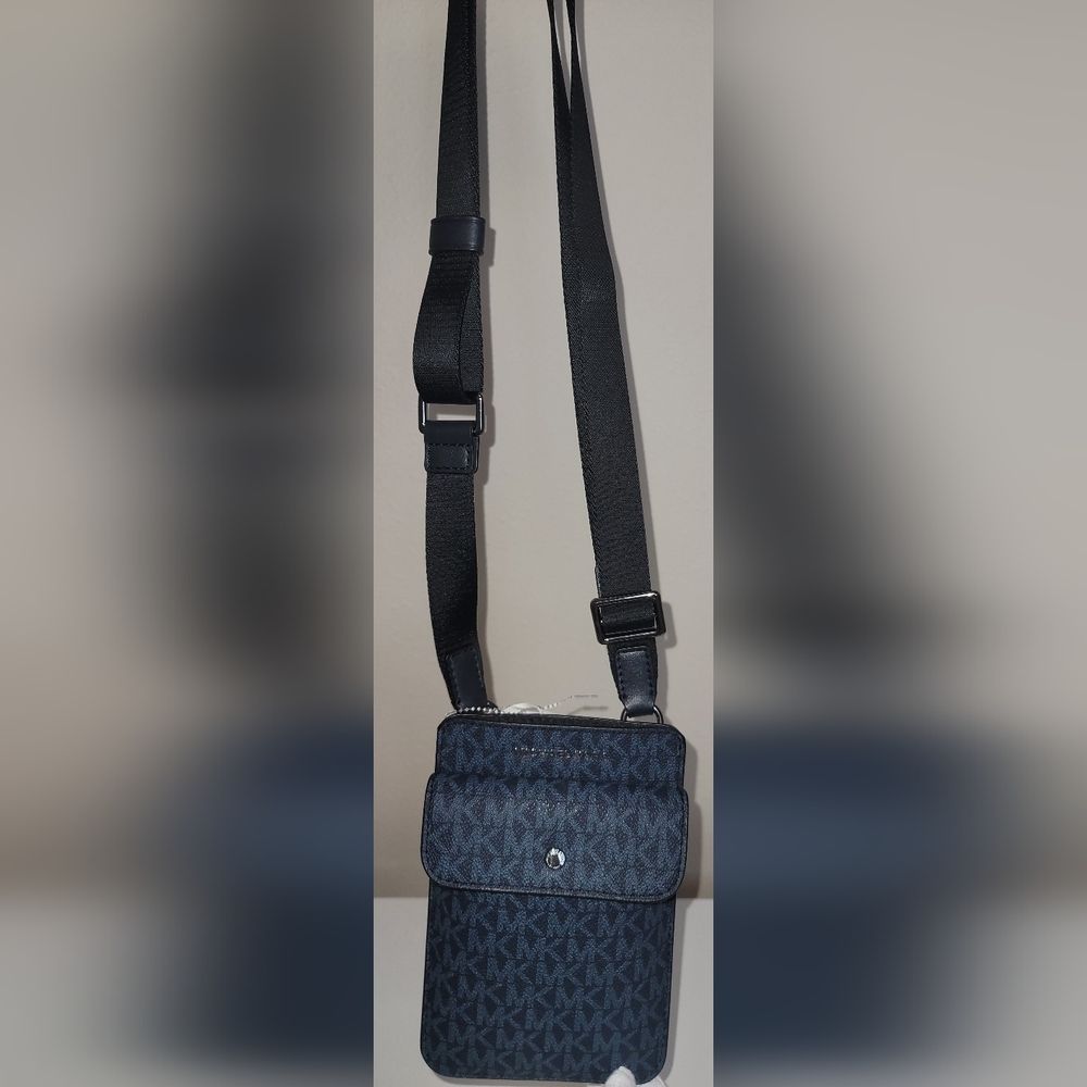 Blue/Navy color Michael Kors Signature PVC Leather Slim Phone Case Crossbody Bag - Picture 9 of 9